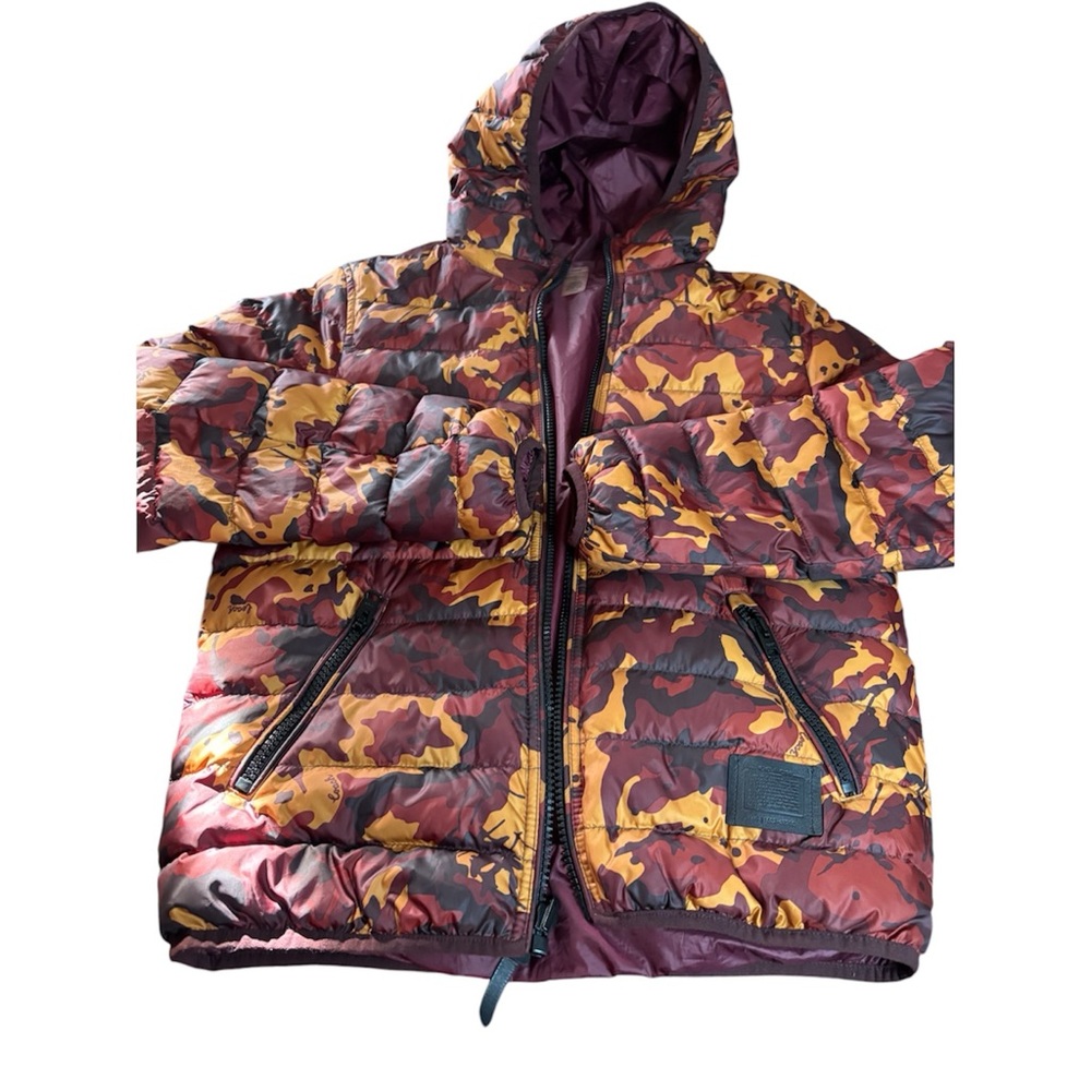 COACH puffer jacket womens camo multi color maroon gold size small